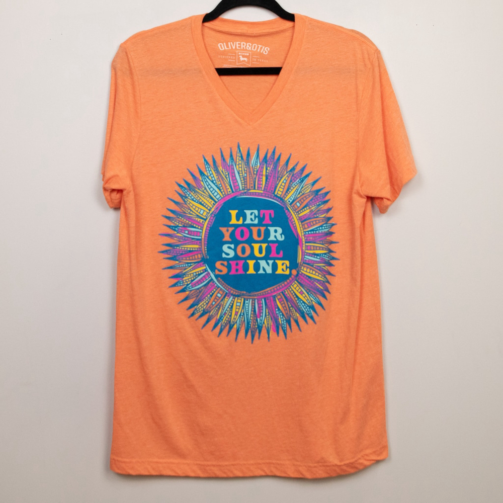 Oliver and Otis "Let Your Soul Shine" orange v-neck t-shirt-M